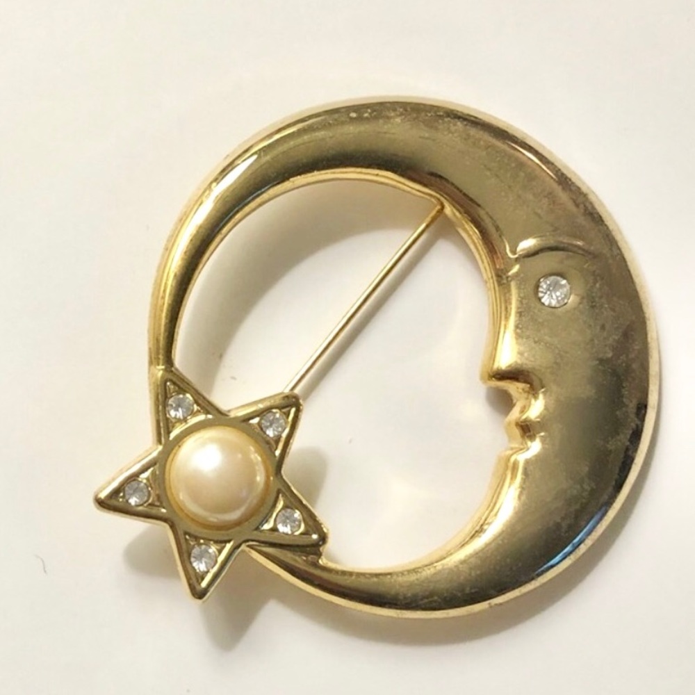 Moon star rhinestone pearl gold pin brooch vintage